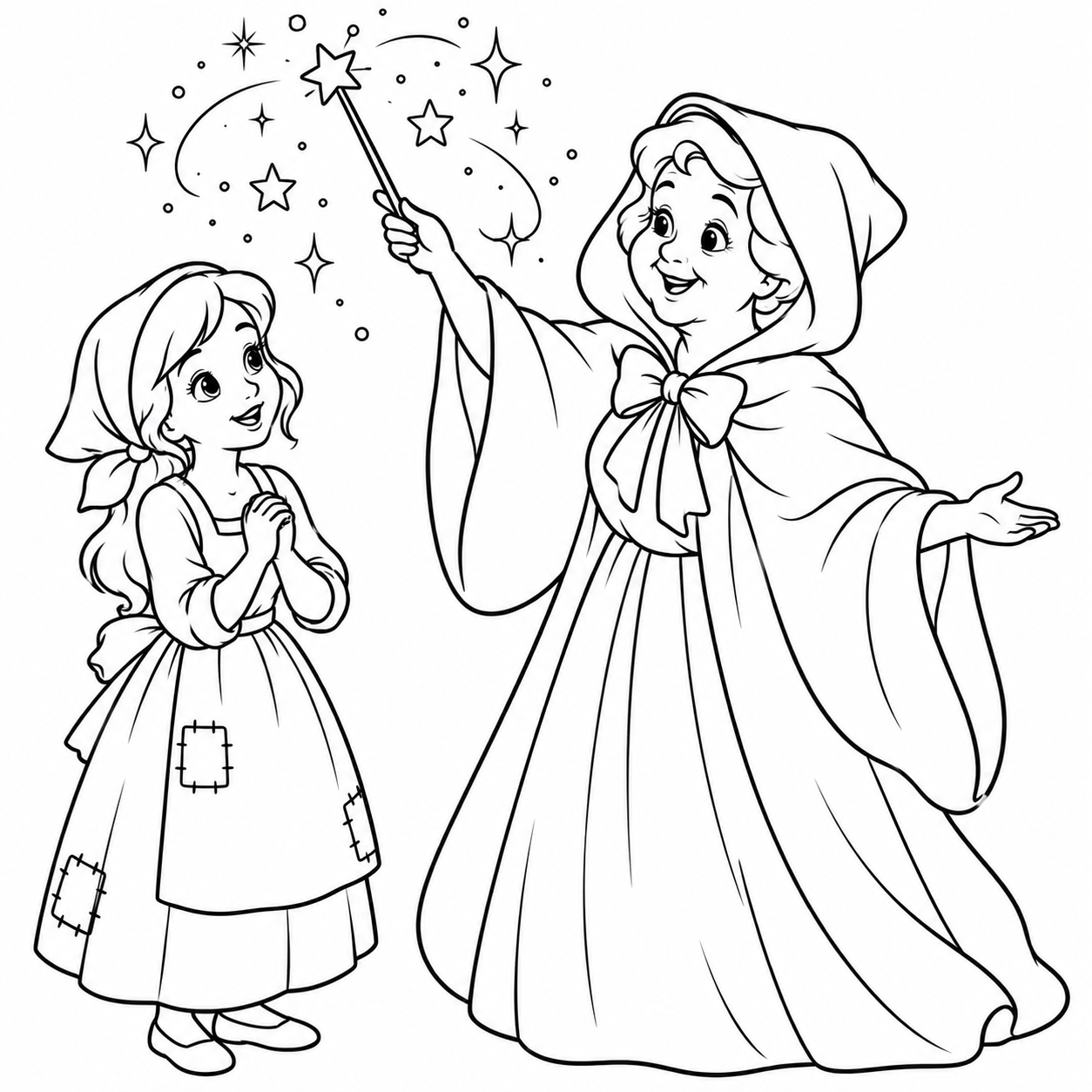 The Kind Fairy Helper Appears coloring page with a fairy raising a sparkling wand